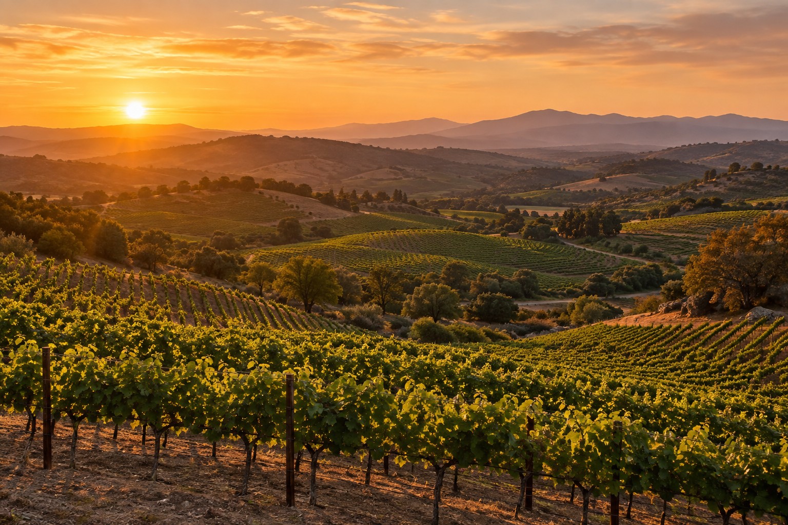 A Temecula Wine Country, California landscape at golden hour